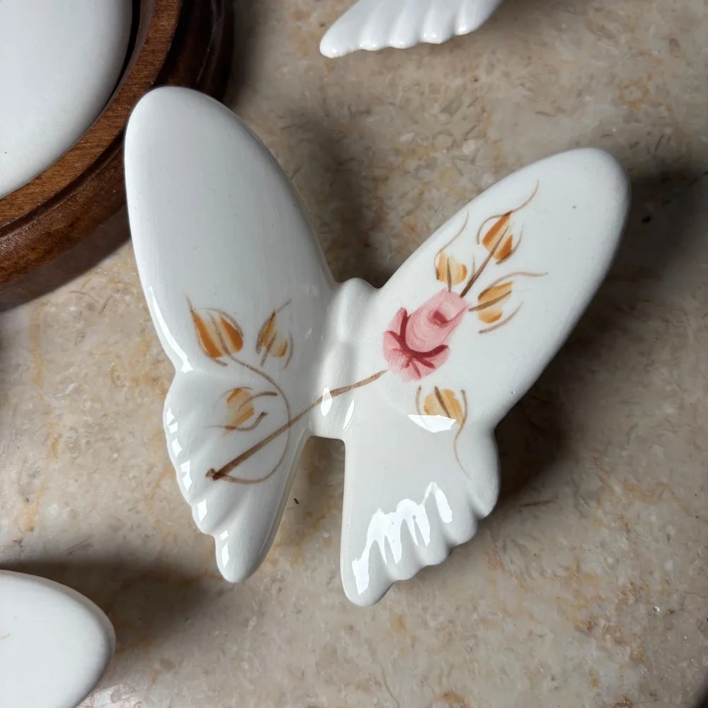 VTG Homco Ceramic Butterfly & Rose Wall Decor Set 4pc White Pink Shabby Chic